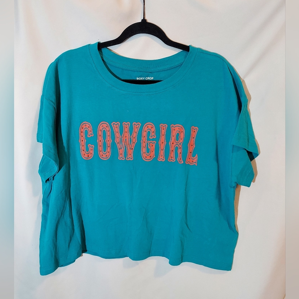 Ariat Teal Cropped Short Sleeve Tee with Coral "Cowgirl" Graphic